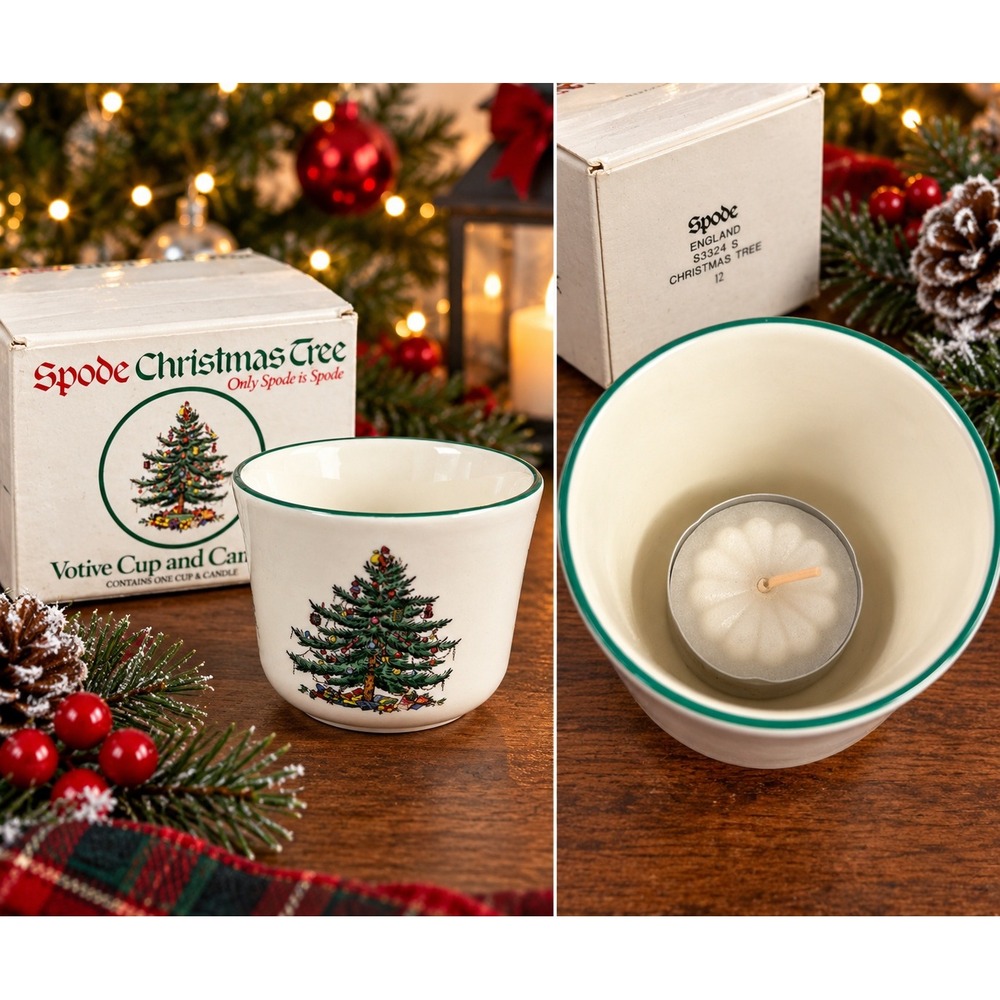 Spode Christmas Tree Votive Cup and Candle Set England S3324 S Holiday Decor